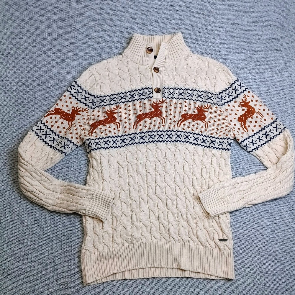 Denim & Flower Sweater Mens M Cream Excellent Reindeer Fair Isle Cable Knit